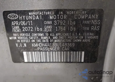 2011 Hyundai Elantra Gls (Ulsan Plant) из США, поврежденный, VIN KMHDH4AE3BU148369